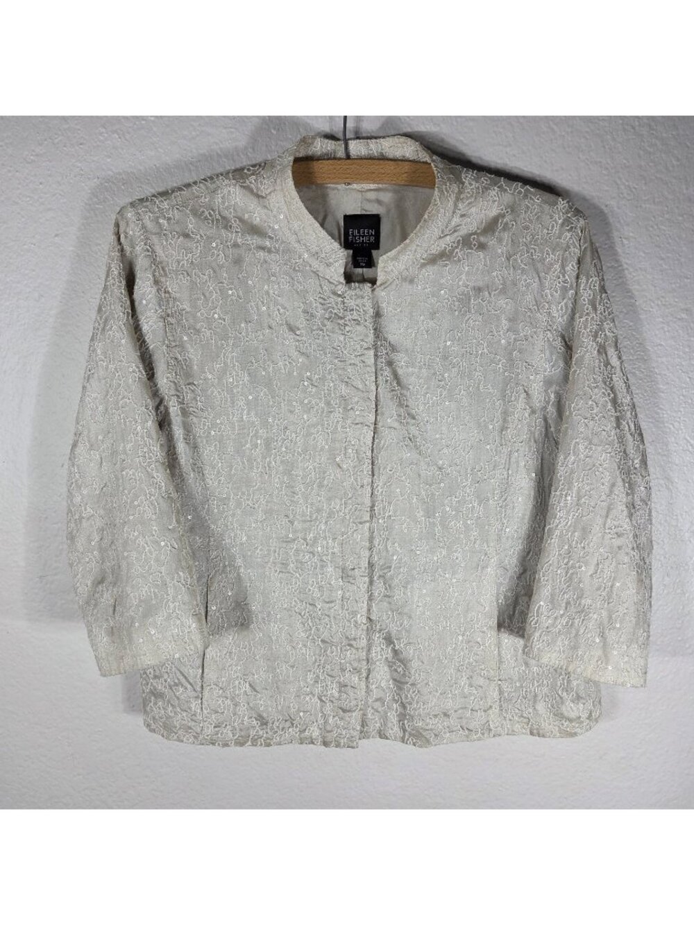 Eileen Fisher Embroidered Sequin Silk Blazer Cream High Neck Petite Size M - Picture 1 of 16